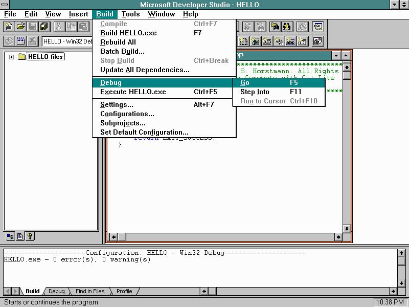 MSVC 4.0 Debug | Go or Execute hello.exe