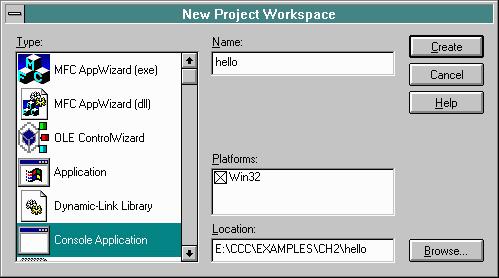 MSVC 4.0 New Project Workspace dialog box