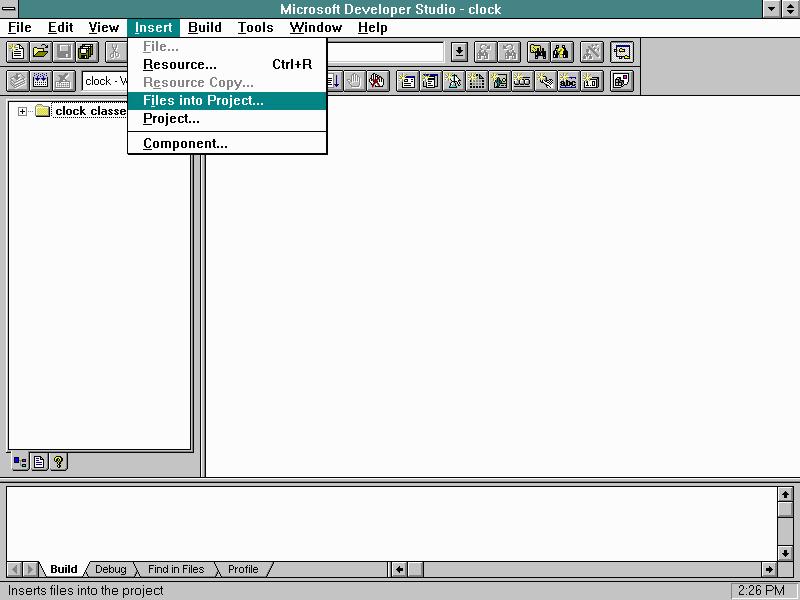 MSVC 4.0 Main Menu, insert Files into Project