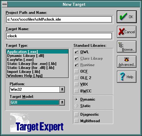 TC++ 4.5 New Project - Name, Type, Platform, Model